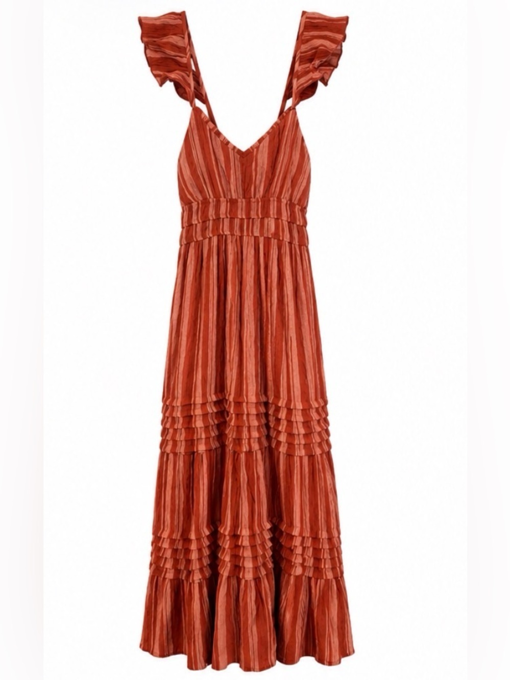 Mack + Ash Tiered Ruffle-Shoulder Maxi Dress in Rust